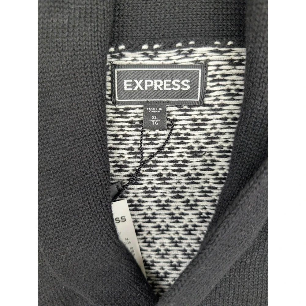 Express Sweater‎ Mens XL Black White Fair Isle Tight Knit Shawl Collar Outdoor